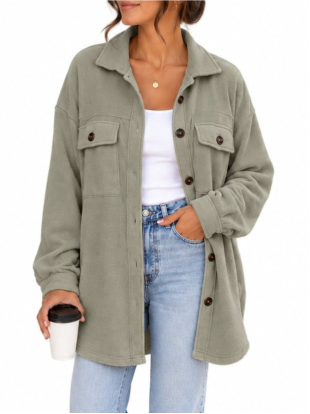 LA MIEL Oversized Fleece Shacket Sage Green Small Pockets Button Down Fall Cozy
